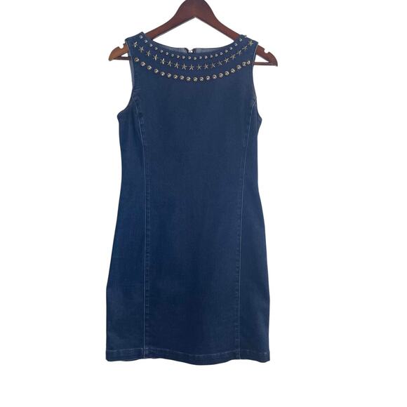 Armani Jeans Studded Denim Dress Size 6 | Sleeveless Sheath Zip Back - Picture 2 of 9